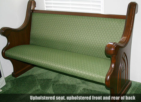 custom church pew, fabric custom upholstery, custom design cross