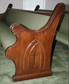 custom upholstered church furniture, decorative pew end, stained wood pew, church furniture with long lifespan