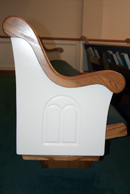  colonial style pews, white with stained wood trim, custom design ends, upholstered church furniture